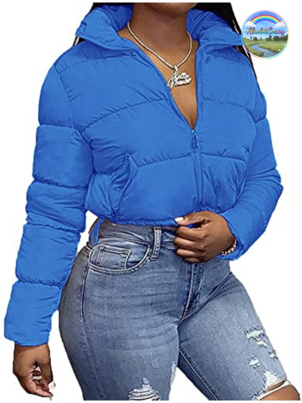 Womens Cropped Quilted Jacket Full Zip Warm Winter Coat Stand Collar